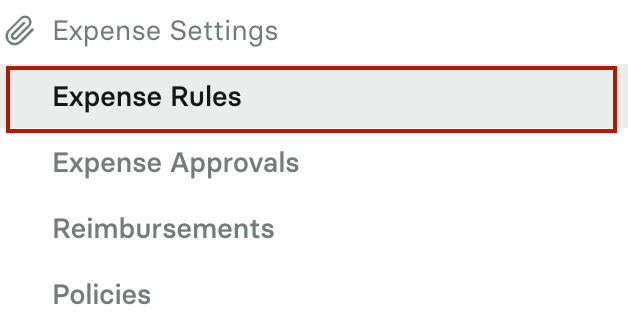 The Expense Settings section of the sidebar with Expense Rules highlighted